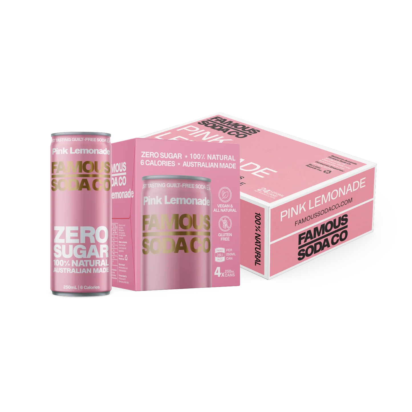 Famous Zero Sugar Soda Pink Lemonade 250ml (Pack of 4)
