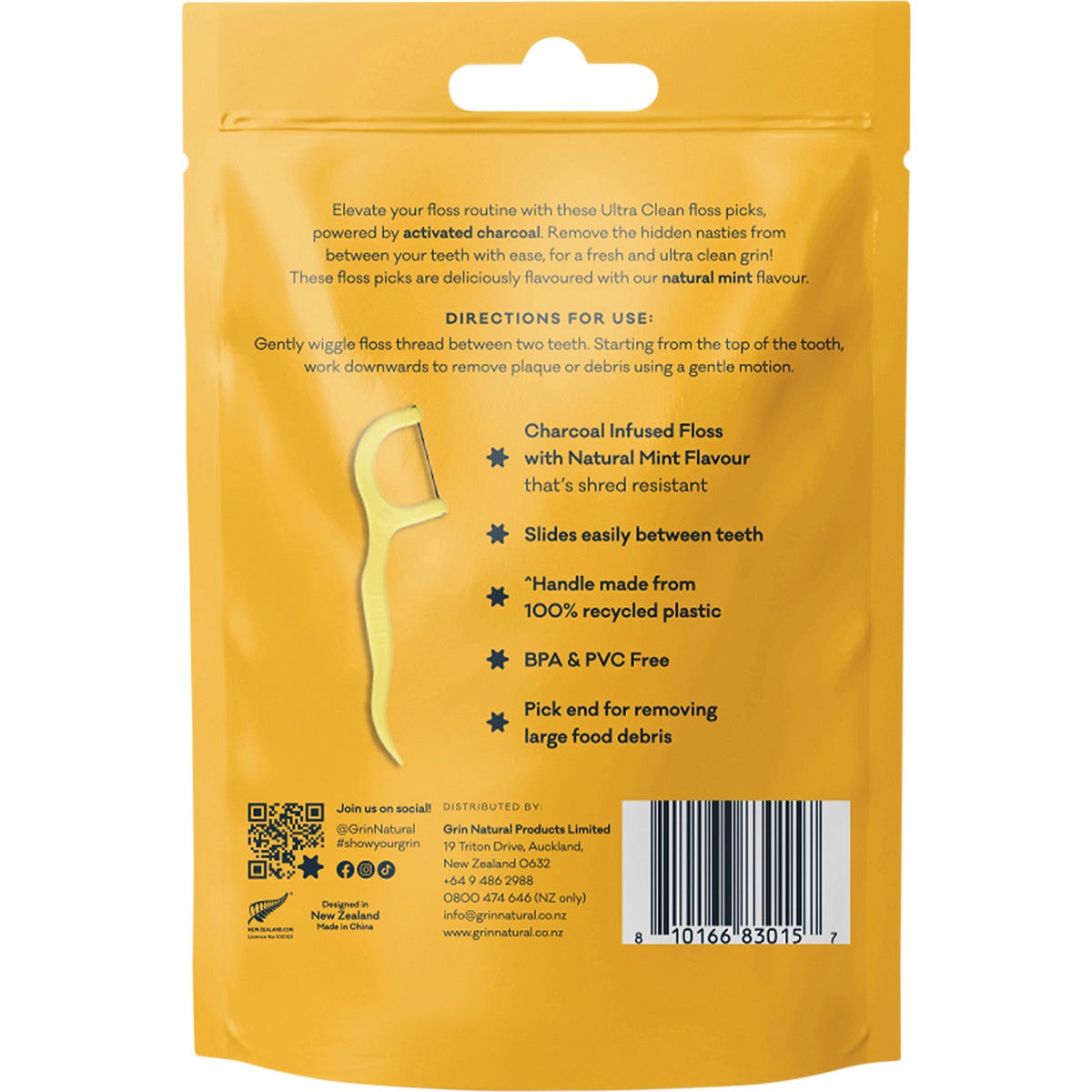 Grin Ultra Clean Floss Picks Charcoal Infused 80 Pack