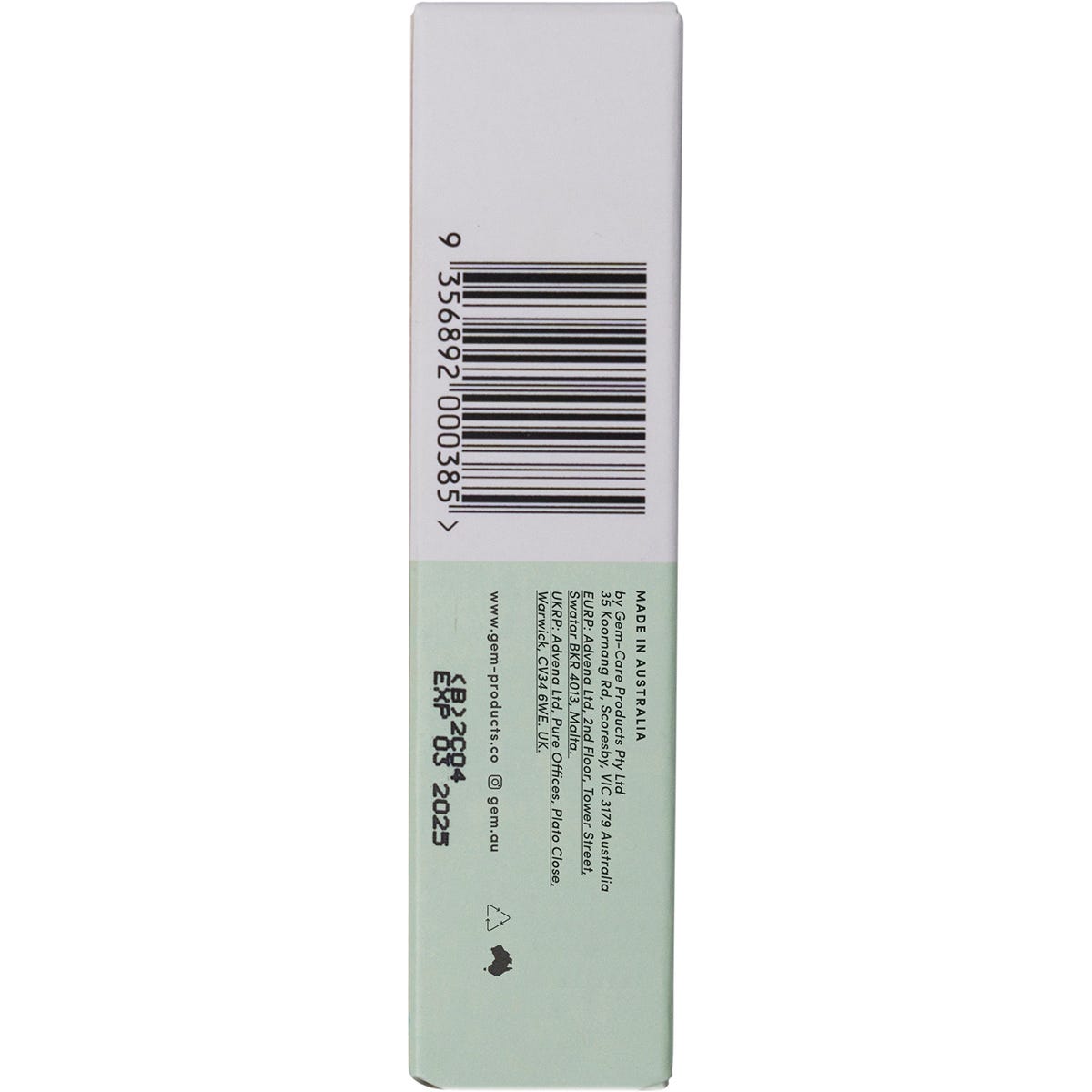 Back label of a 9ml Gem Crisp Mint breath spray showing ingredients and usage directions on a white background.
