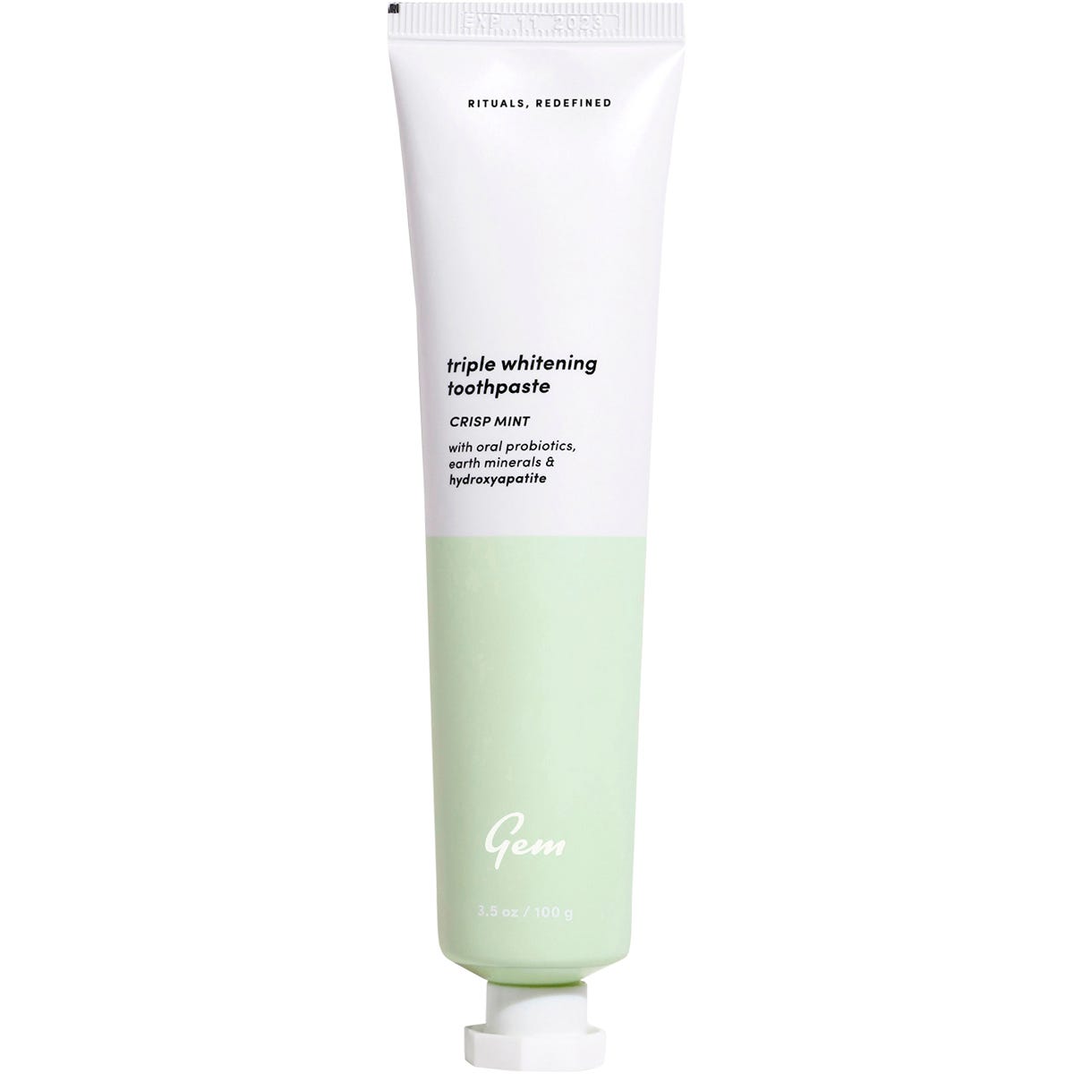 Gem Triple Whitening Crisp Mint 100g toothpaste tube in a minimalist blue and white design on a white background.