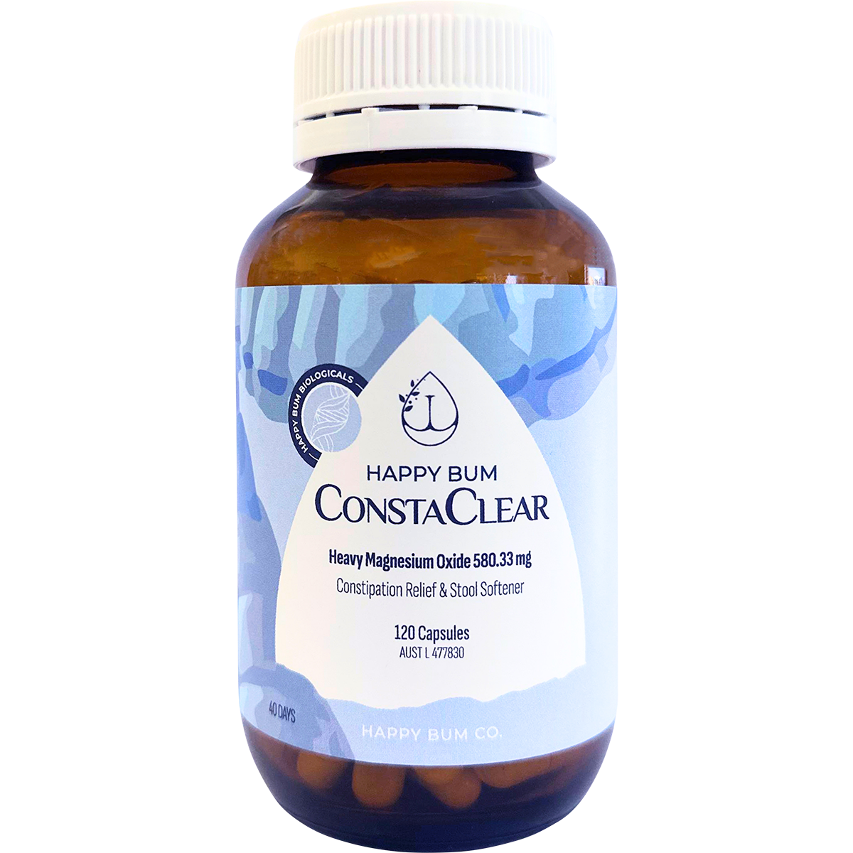 White bottle of Happy Bum ConstaClear 120 capsules with a simple teal and black label.