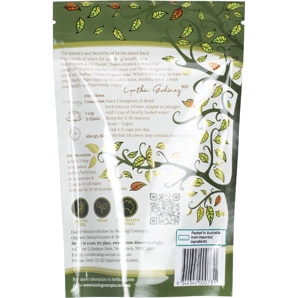 Back of a Healing Concepts Damiana 40g bag featuring organic loose leaf herbal tea information on a white background.