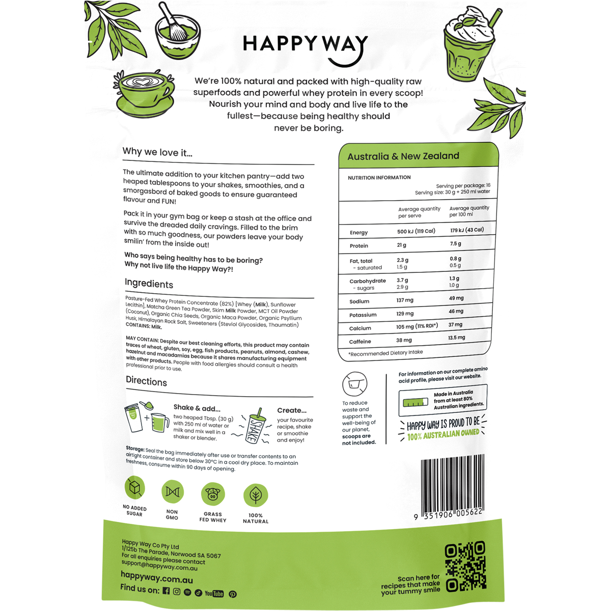 Happy Way Whey Protein Powder Matcha Latte 500g