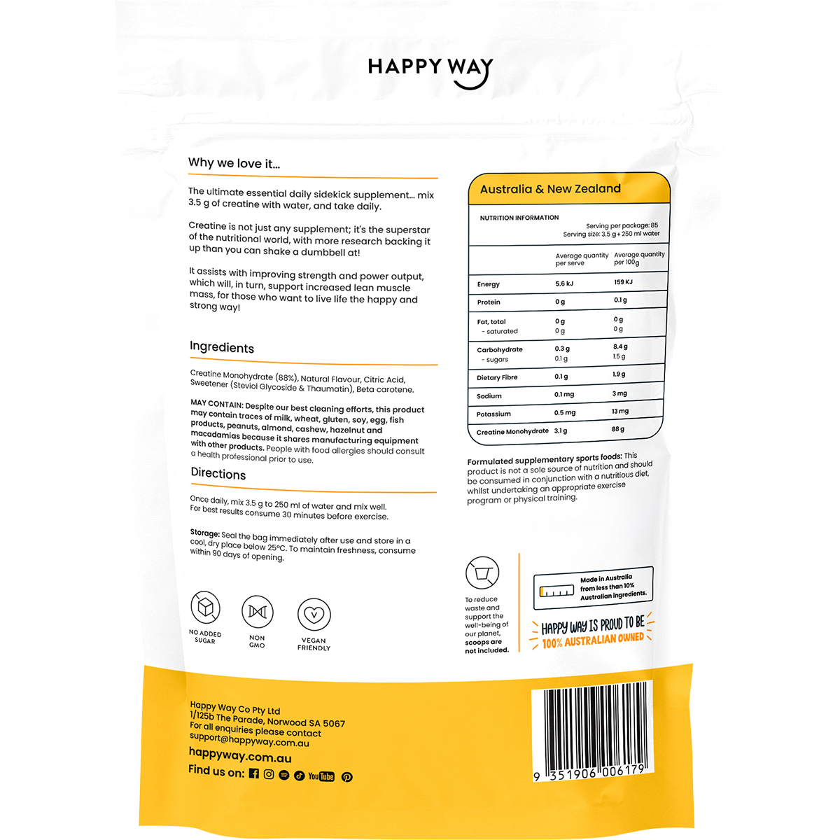 Back of Happy Way Tropical Creatine 300g tub with nutrition facts, ingredients, and directions for use.