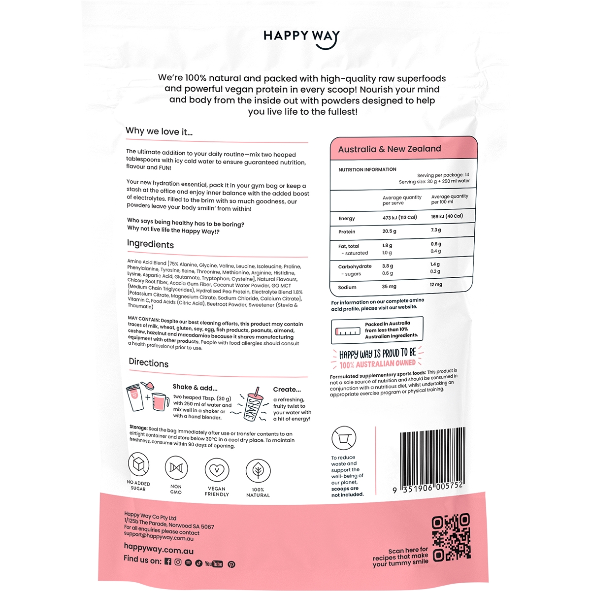 Back view of a 420g Happy Way Lychee Vegan Protein Water tub showing nutritional information and directions for use.