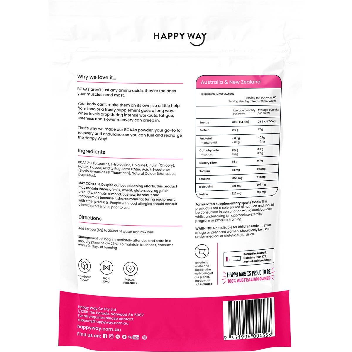 Back of pink Happy Way BCAA Recharge Raspberry pack showing ingredients, nutritional facts, and directions.