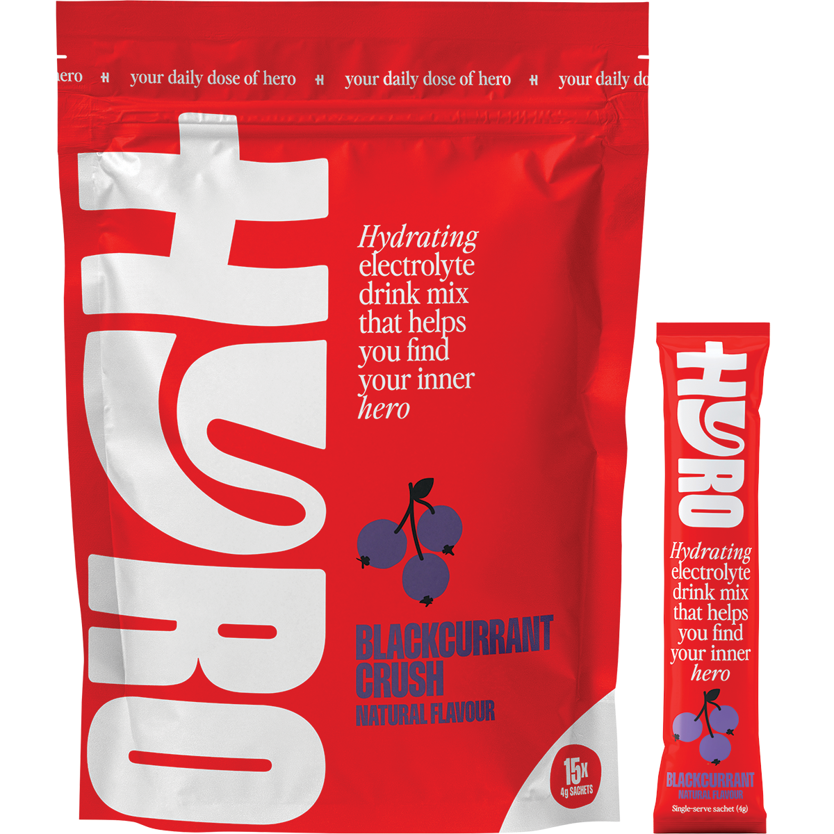 Hyro Blackcurrant Crush pack with 15 sachets, a single sachet, and a glass of purple drink with fresh berries.