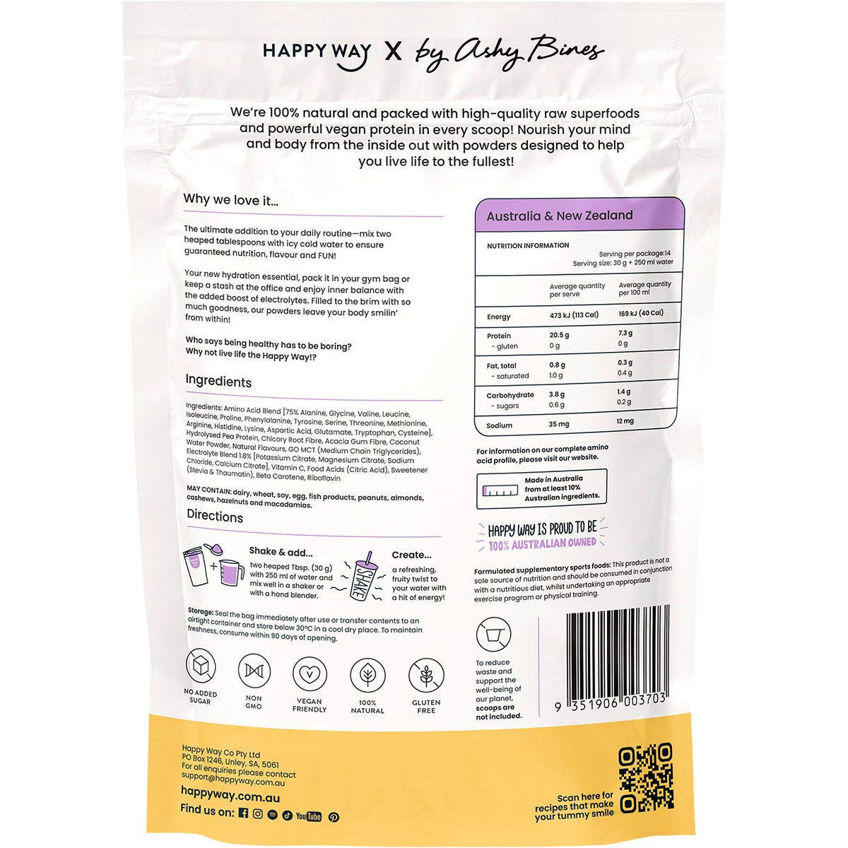 Happy Way Ashy Bines Vegan Protein Water Passionfruit 420g Payless 4 Organics