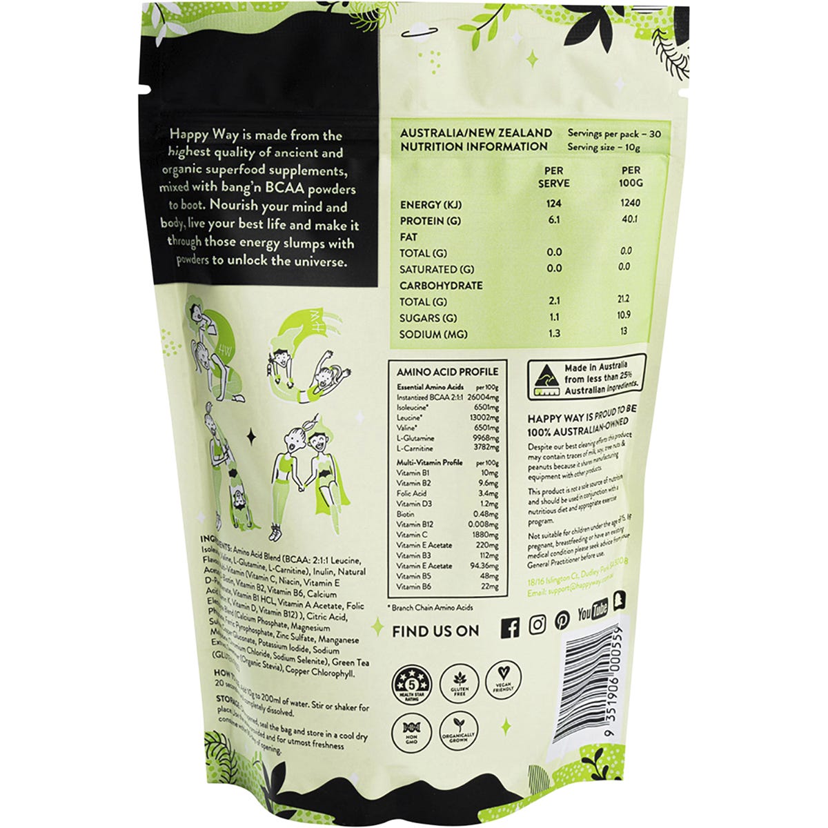 Happy Way BCAA Powder Green Apple 300g Payless 4 Organics