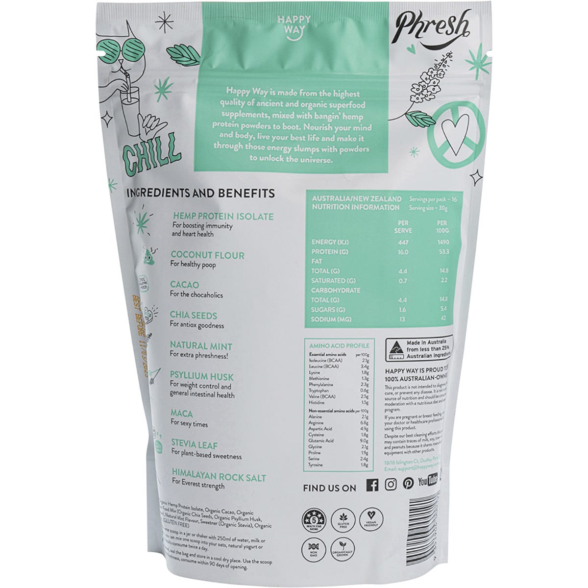 Happy Way Hemp Protein Powder Cacao Mint 500g Payless 4 Organics