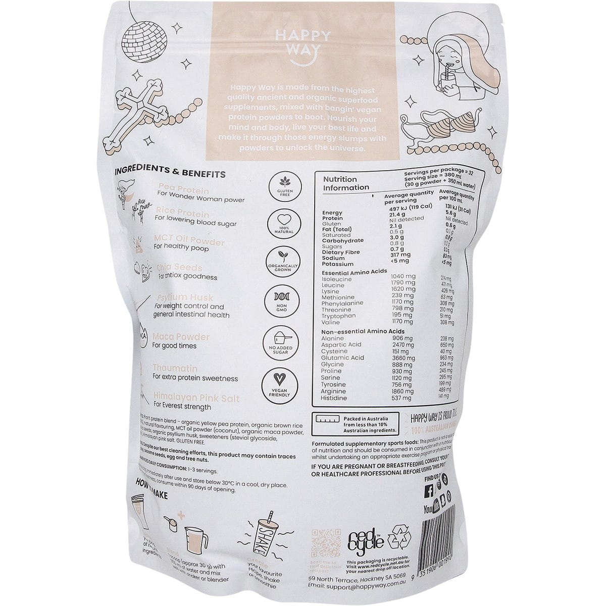 1kg tub of Happy Way Vegan Vanilla Protein Powder with a white and yellow label on a white background.