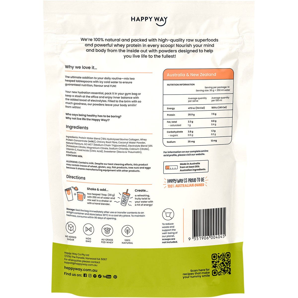 Happy Way Whey Protein Water Apple Peach 420g Payless 4 Organics