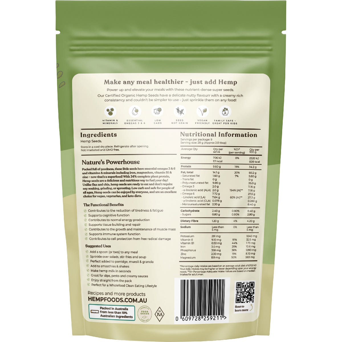 Hemp Foods Australia Organic Hemp Seeds Hulled 250g Payless 4 Organics