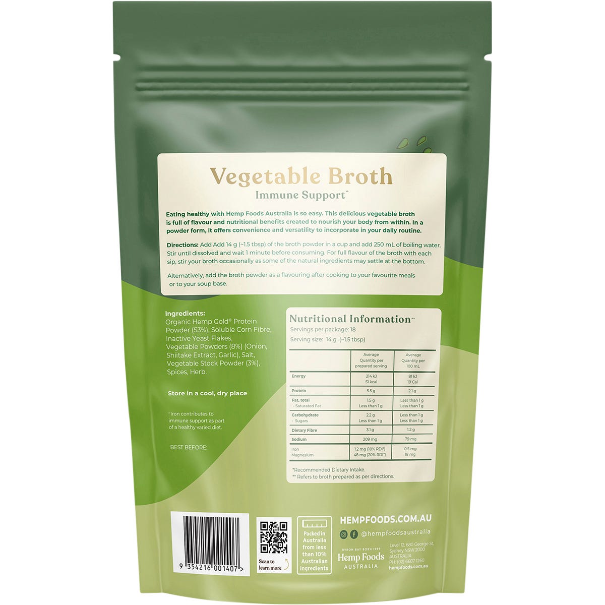 Hemp Foods Australia Vegetable Broth Immunity Support 252g Payless 4 Organics