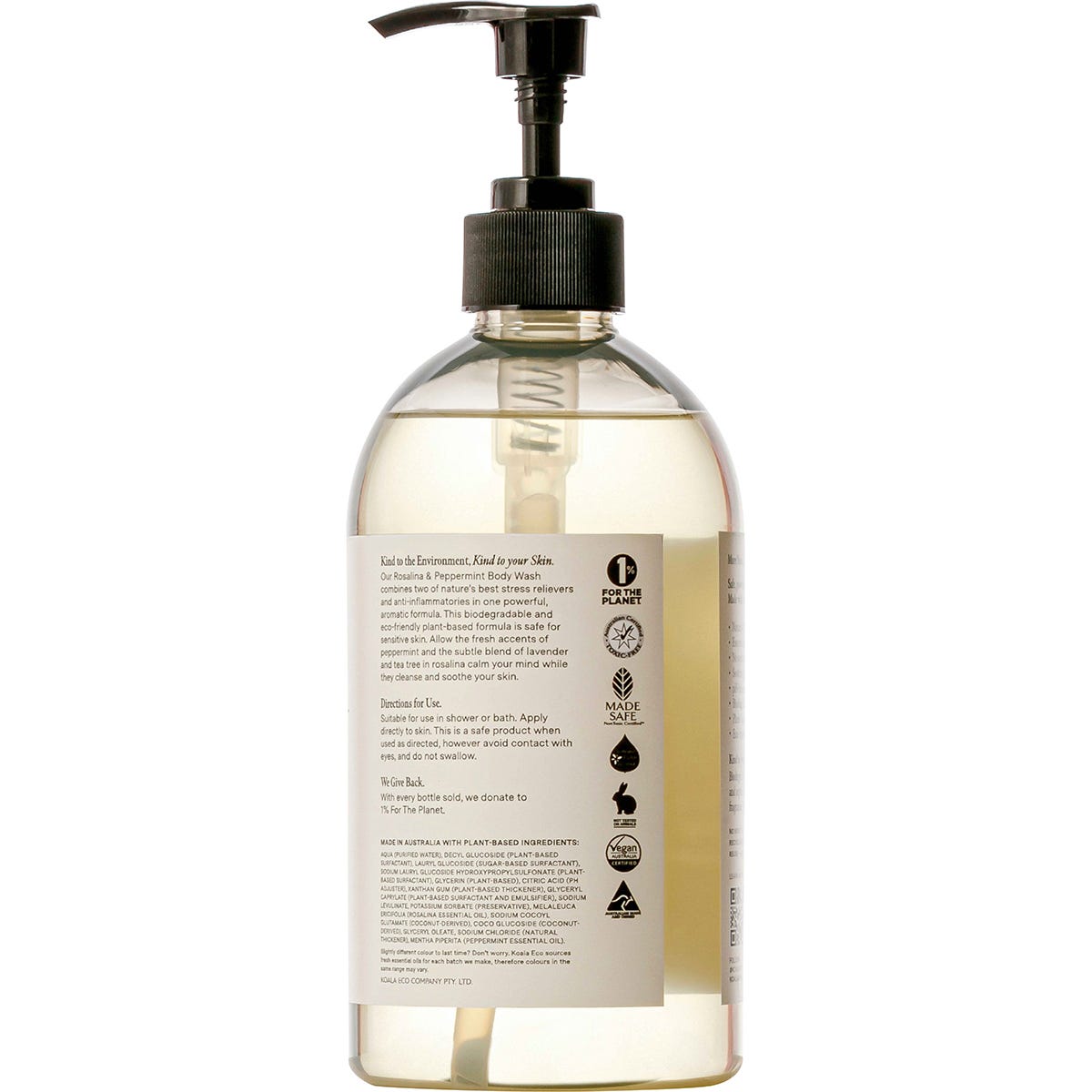 Side view of a 500ml Koala Eco Rosalina and Peppermint body wash bottle highlighting botanical extracts.