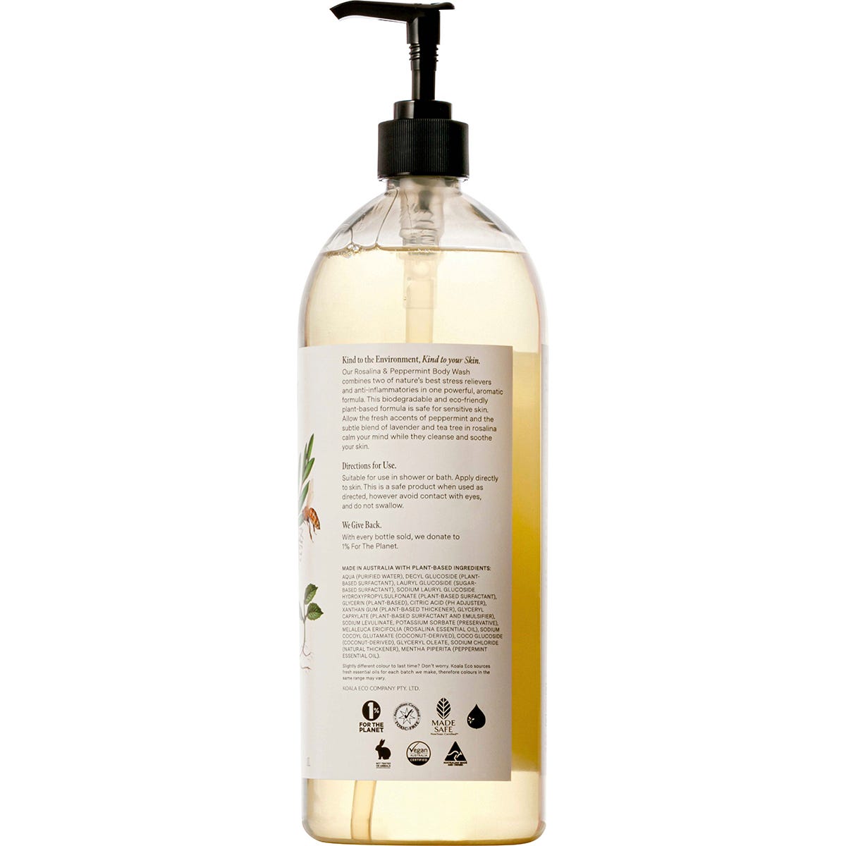 Back of Koala Eco 1L Body Wash refill bottle with ingredients, directions, and sustainability labels.