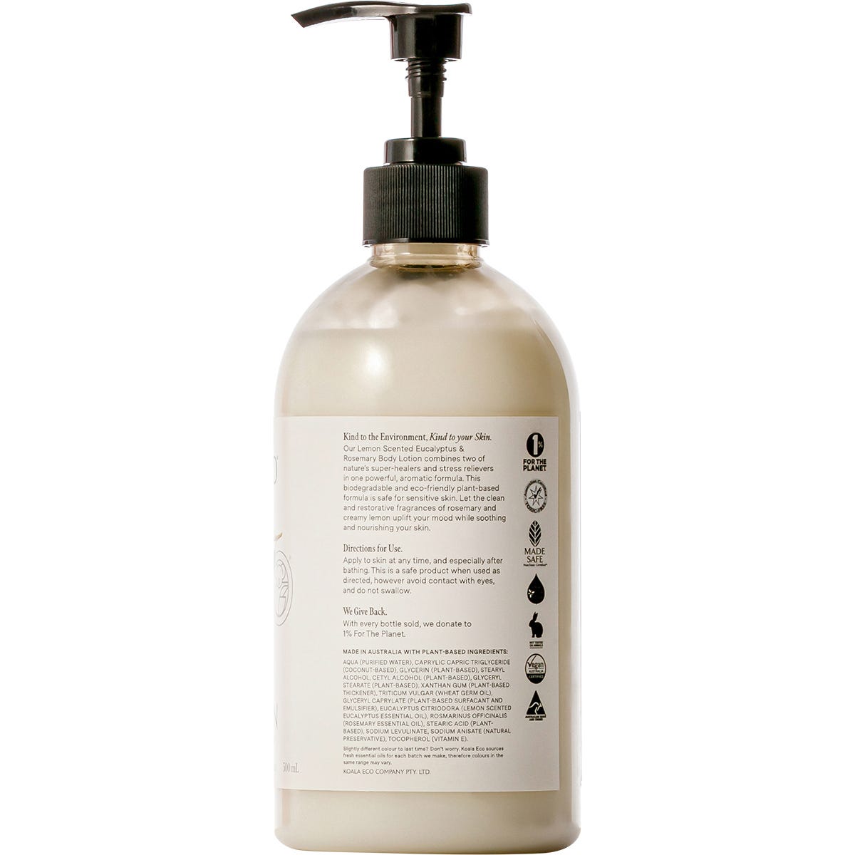 500ml Koala Eco Hand & Body Lotion bottle with a pump dispenser, featuring lemon eucalyptus and rosemary.