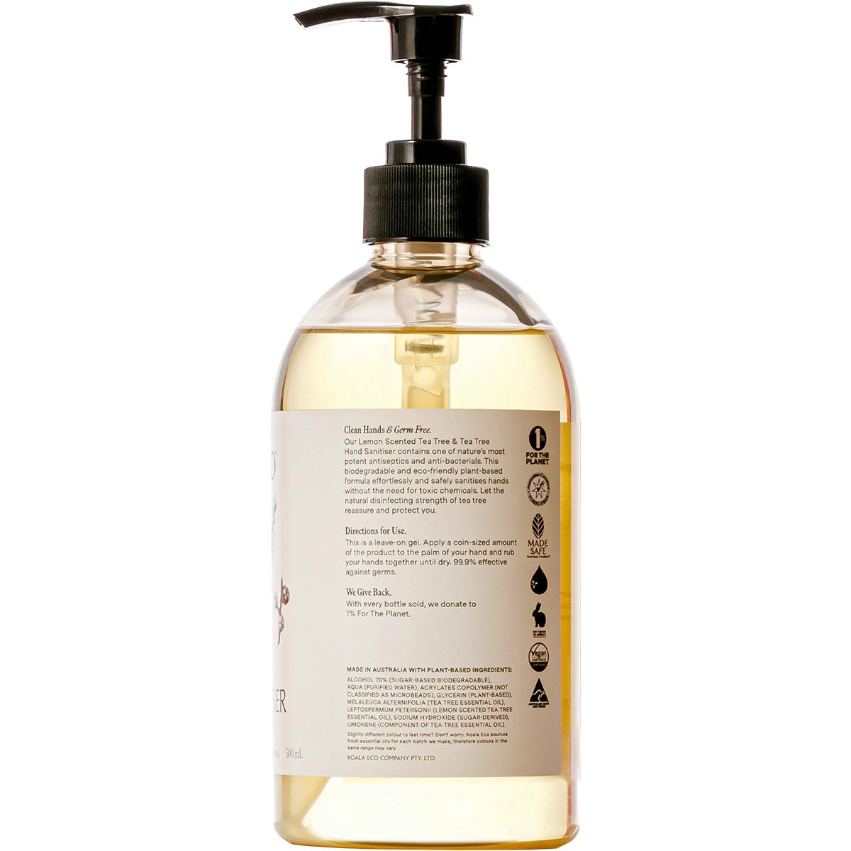 Back of a 500ml Koala Eco Lemon Scented Tea Tree Hand Sanitiser bottle showing directions and ingredients.