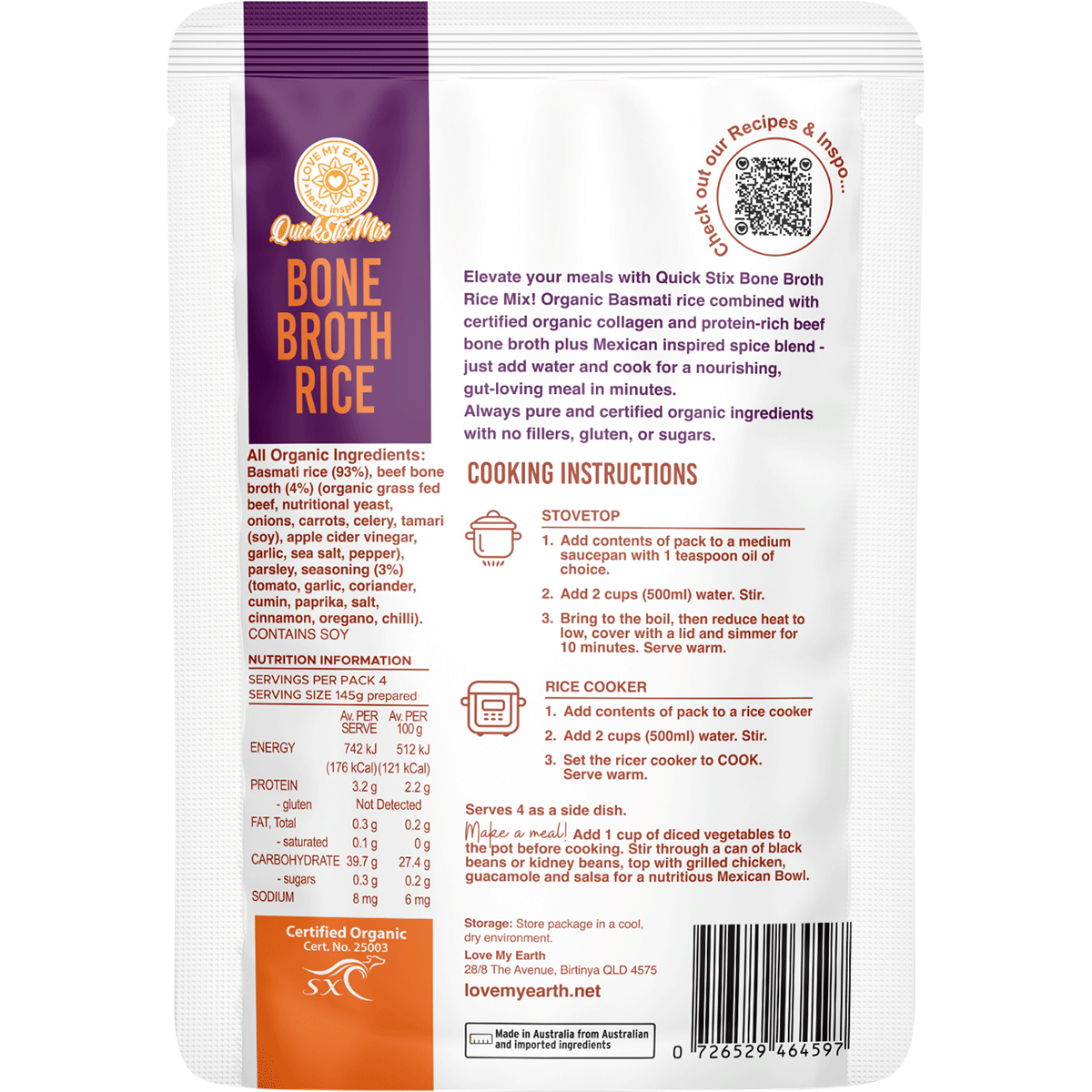 Love My Earth Quick Stix Mix Organic Bone Broth Rice Mexican 200g