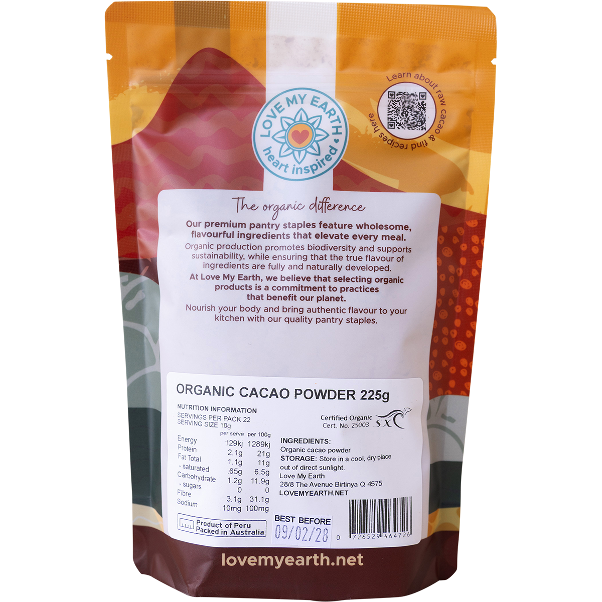 Back of Love My Earth Organic Cacao Powder bag showing nutritional facts, usage, and barcode.