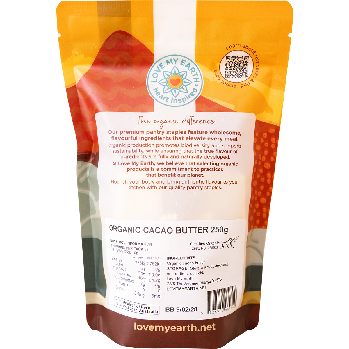Back of Love My Earth Organic Cacao Butter 250g pack showing ingredients, barcode, and product details.