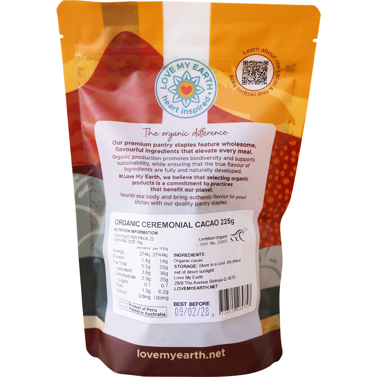 Back of Love My Earth Organic Ceremonial Cacao pouch showing ingredients, brewing instructions, and product details.