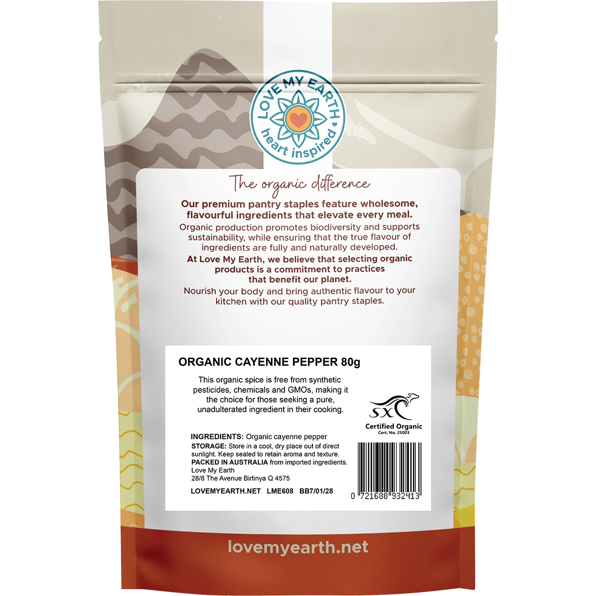 Back of Love My Earth Organic Cayenne Pepper 80g pouch showing ingredients, barcode, and product information.