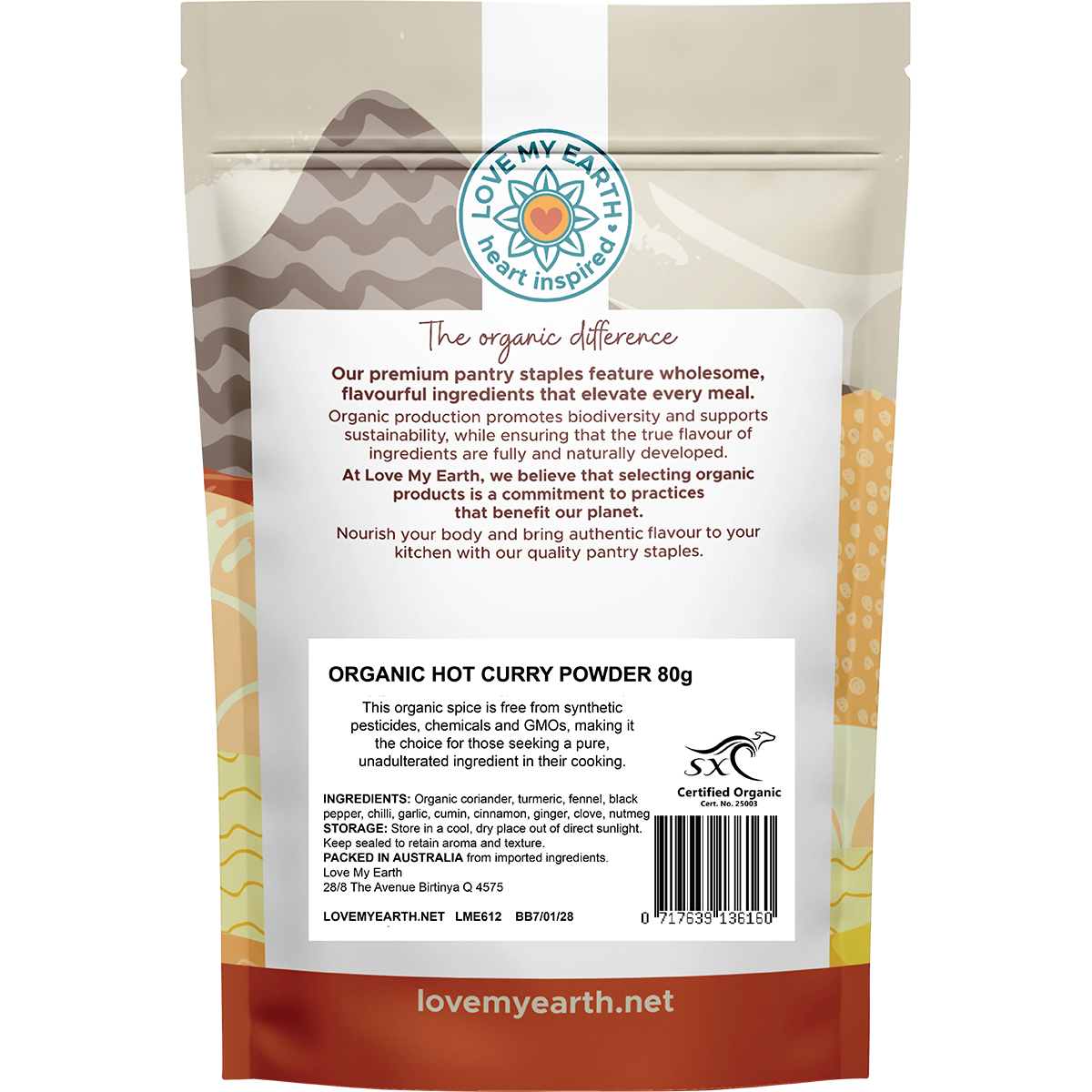 Back of Love My Earth Organic Hot Curry Powder pouch showing ingredients, organic certification, and barcode.