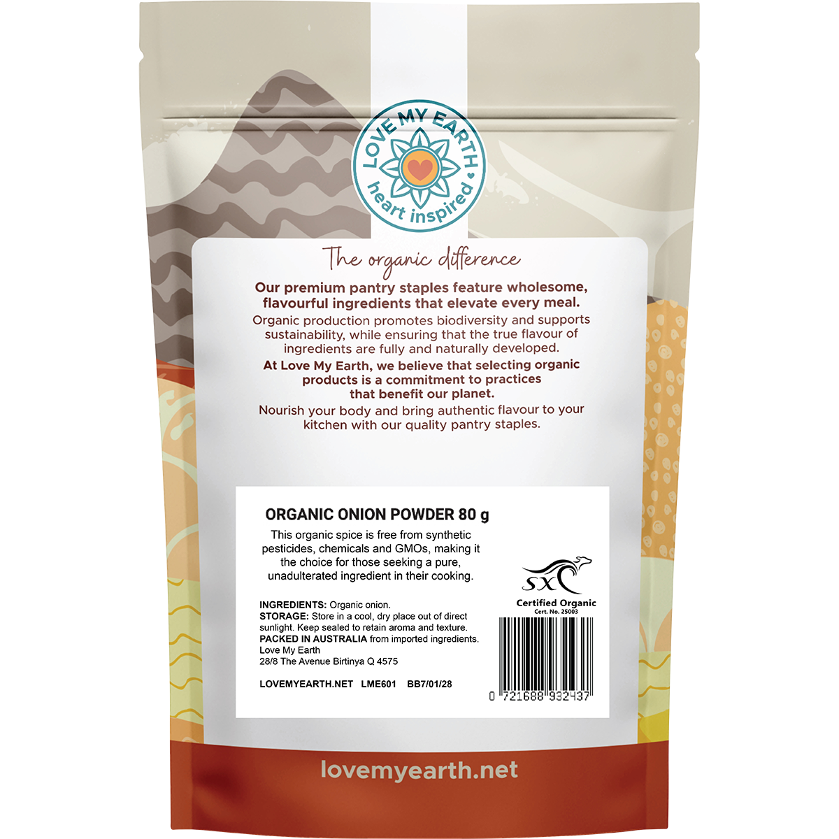 Back of Love My Earth Organic Onion Powder 80g pouch showing ingredients, barcode, and usage directions.