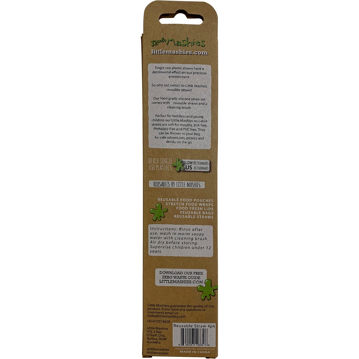 Little Mashies Reusable Soft Silicone Straws Pastel + Cleaning Brush 4 Pack