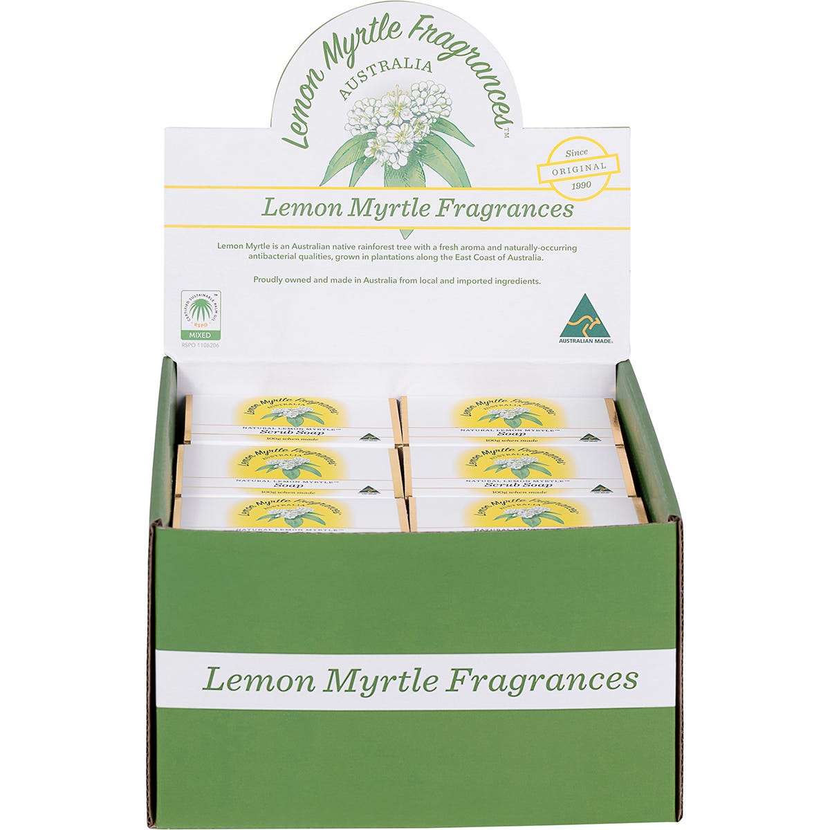 Individual plain and exfoliating Lemon Myrtle Fragrances soap bars displayed on a white background.
