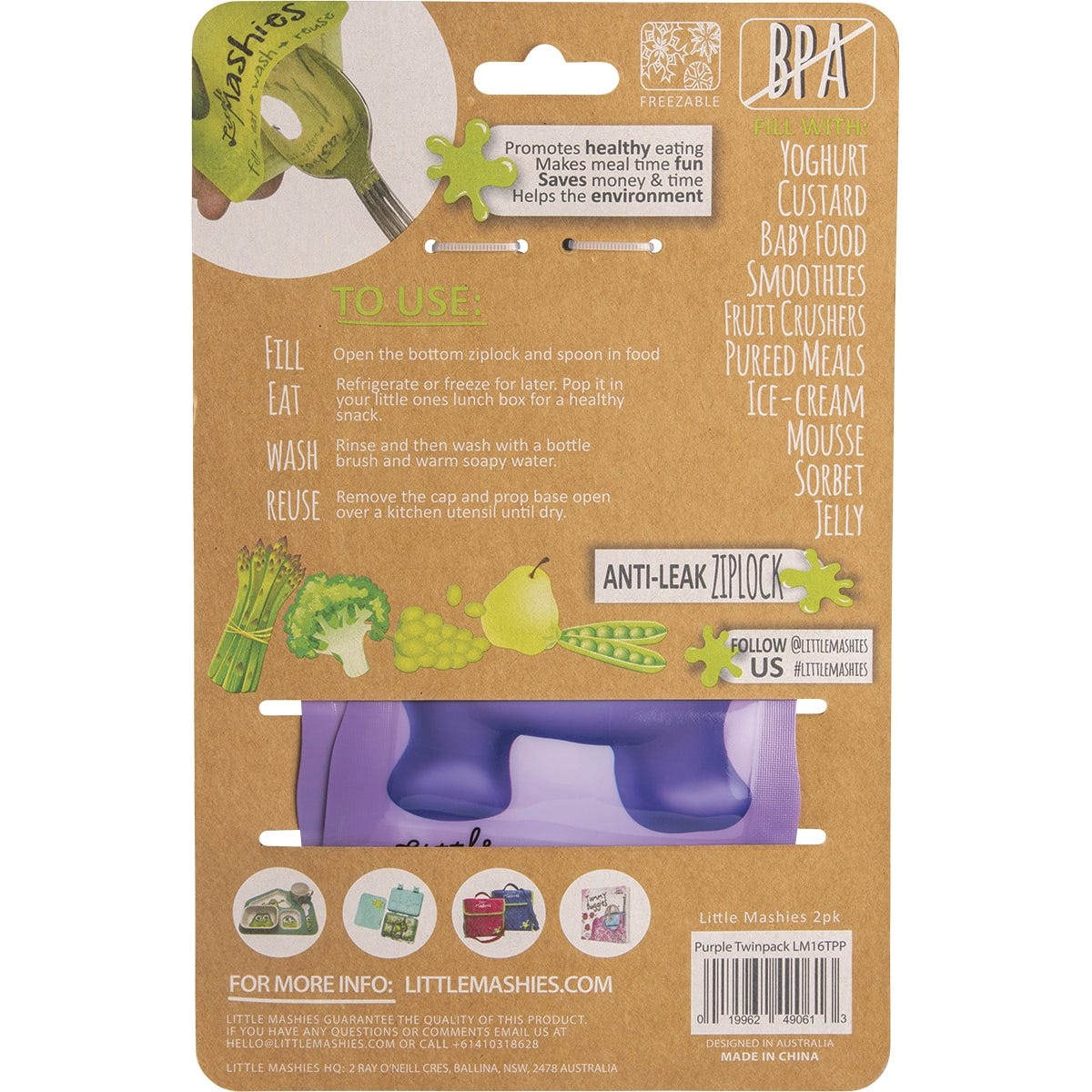 Little Mashies Reusable Squeeze Pouch Purple 130ml (Pack of 2) Payless 4 Organics