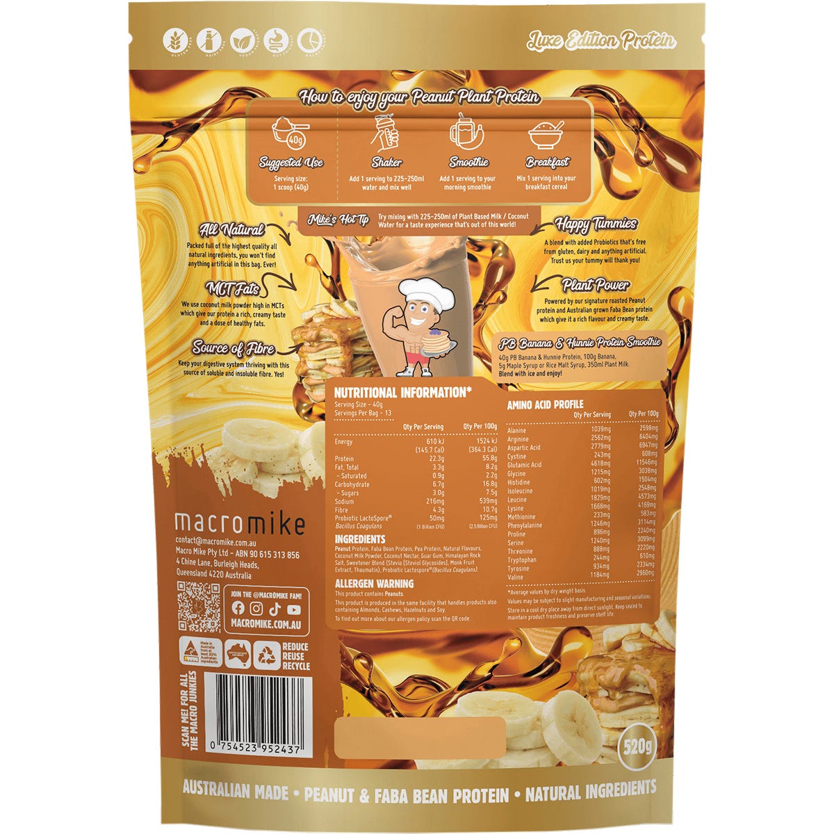 MACRO MIKE Peanut Plant Protein PB Banana & Hunnie 520g Payless 4 Organics