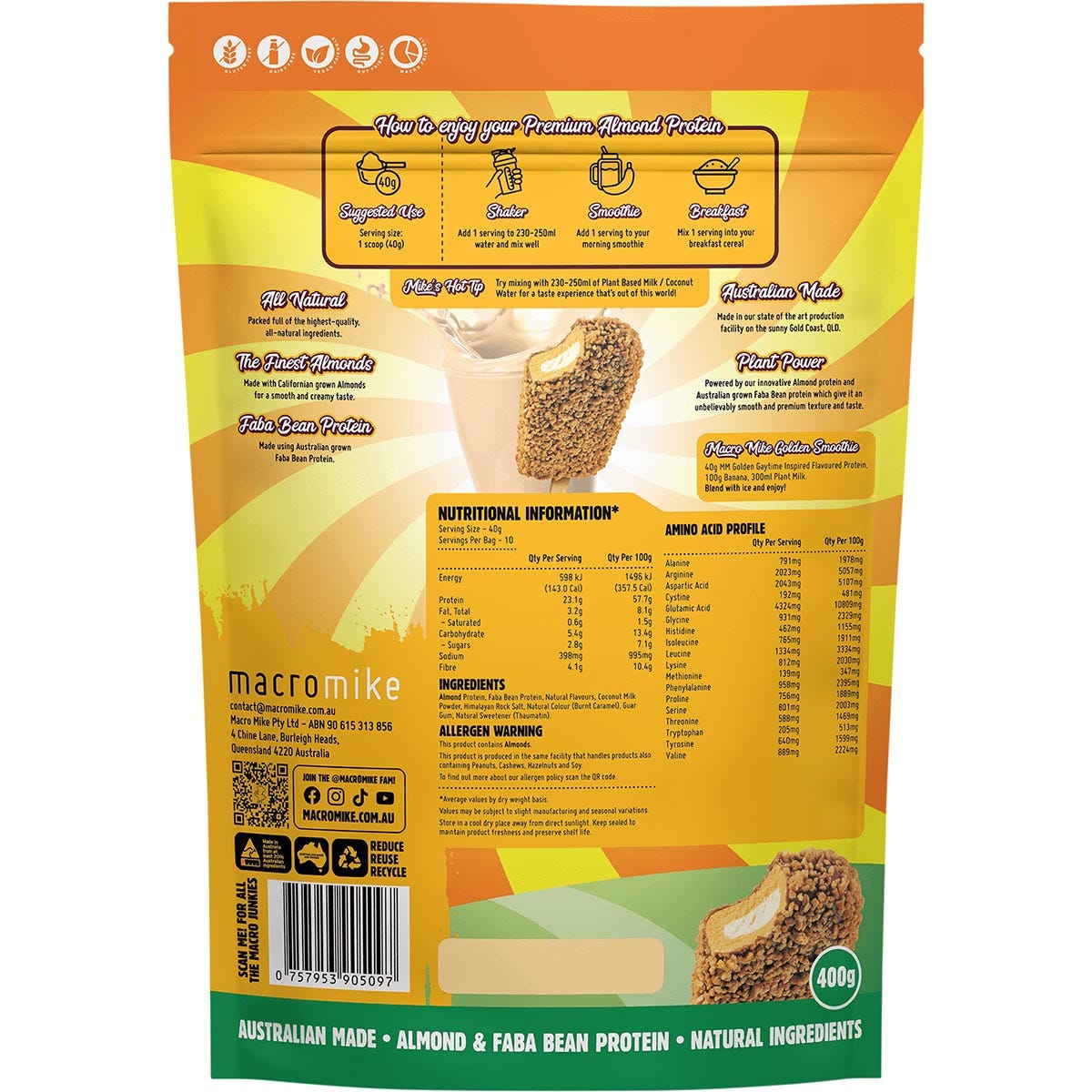 MACRO MIKE Premium Almond Protein Golden Gaytime 400g Payless 4 Organics