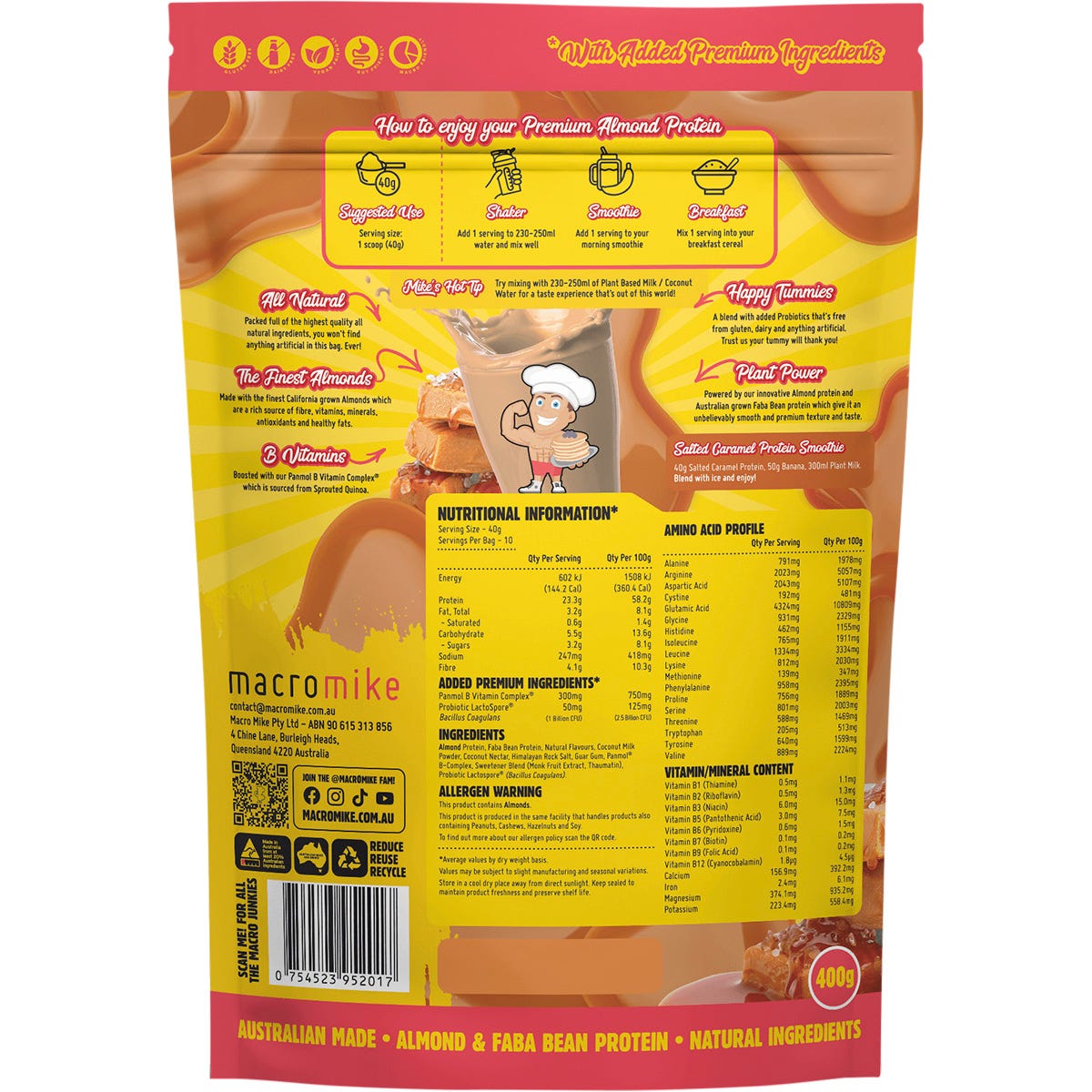 MACRO MIKE Premium Almond Protein Salted Caramel 400g Payless 4 Organics