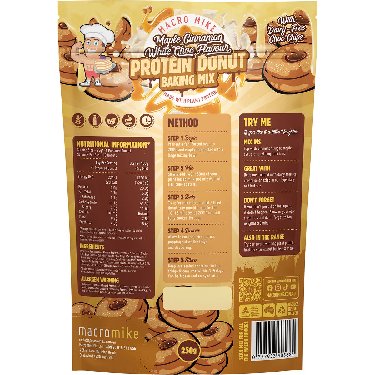 MACRO MIKE Protein Donut Baking Mix Maple Cinnamon White Choc Chip 250g Payless 4 Organics