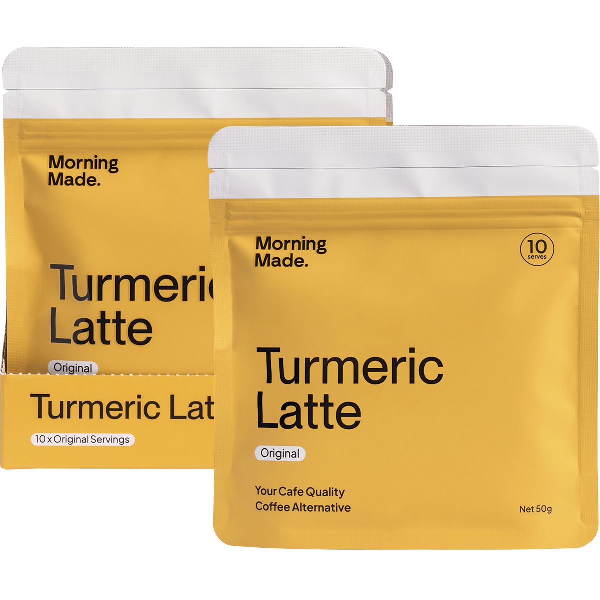 Morning Made Turmeric Latte box next to a prepared golden latte, a single sachet, and scattered spices on a white surface.