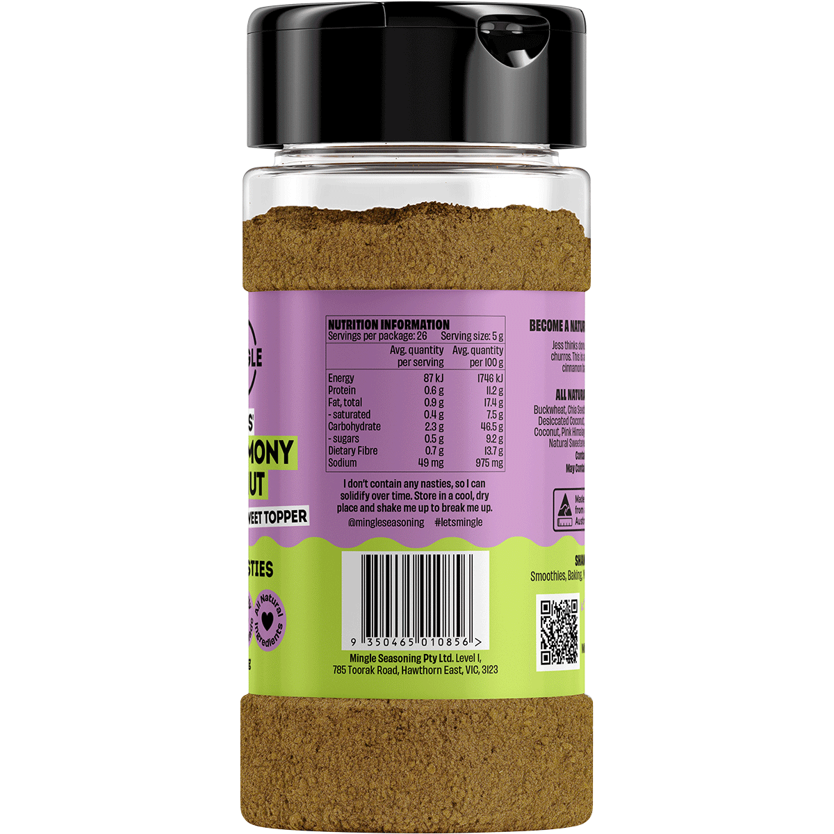 Right side of Mingle Jess' Cinnamony Donut 130g shaker showing nutritional facts and a pink and white label.