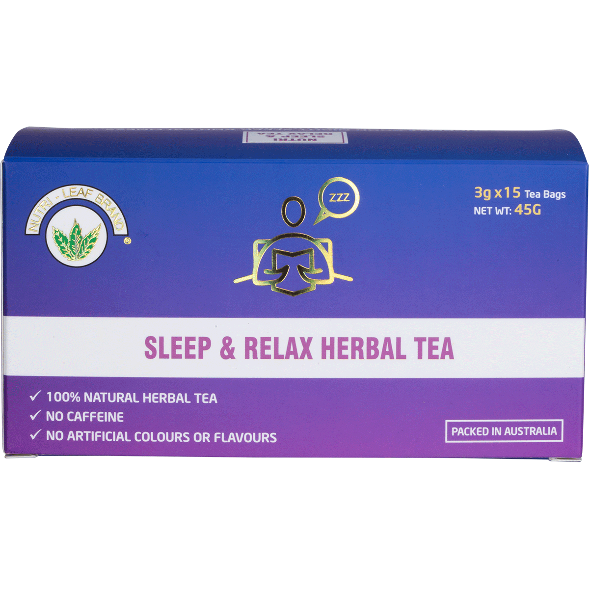 Nutri-Leaf Sleep and Relax Herbal Tea 15-pack box featuring a purple design with botanical illustrations.