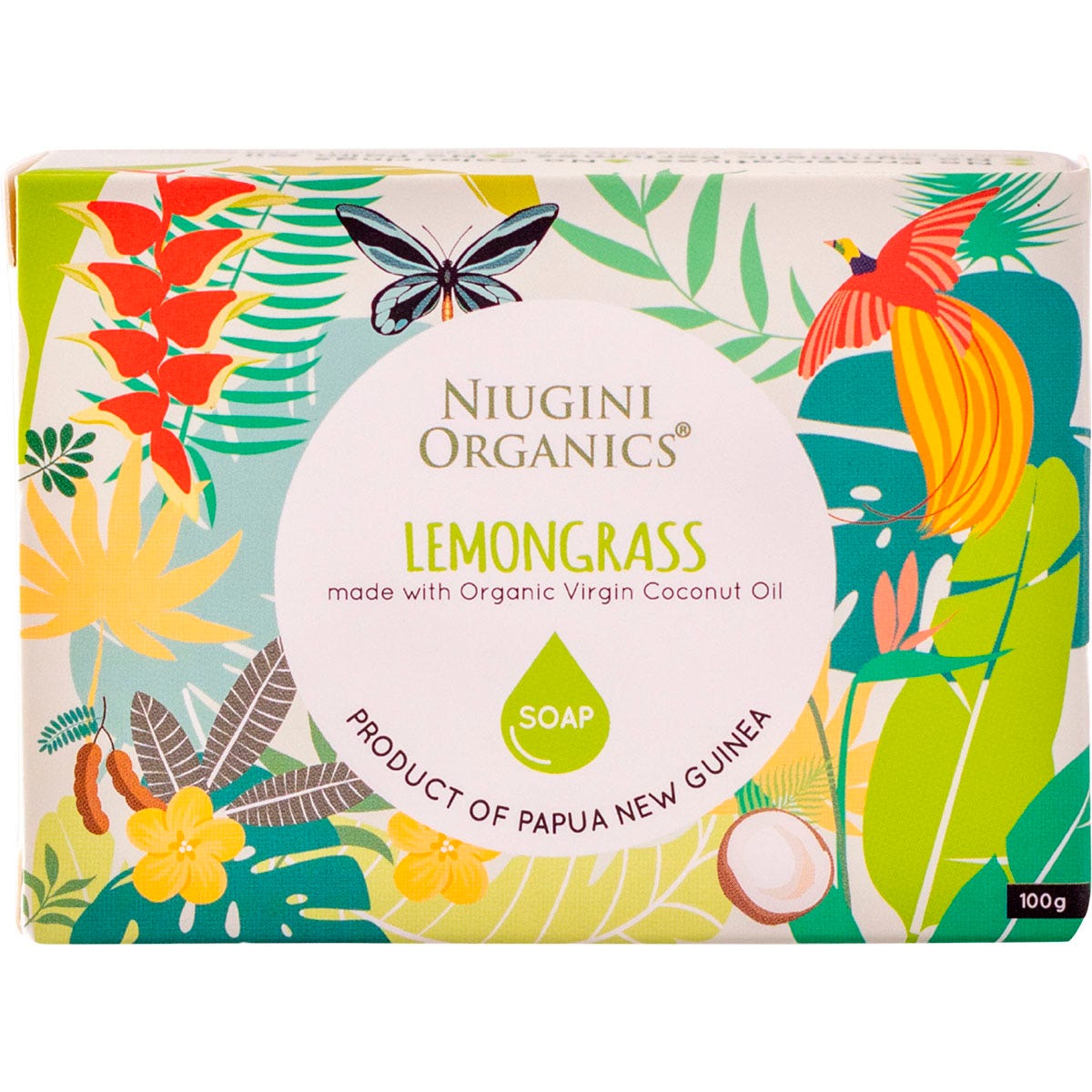 Niugini Organics 100g lemongrass soap bar made with cold-pressed virgin coconut oil in a green and white box.