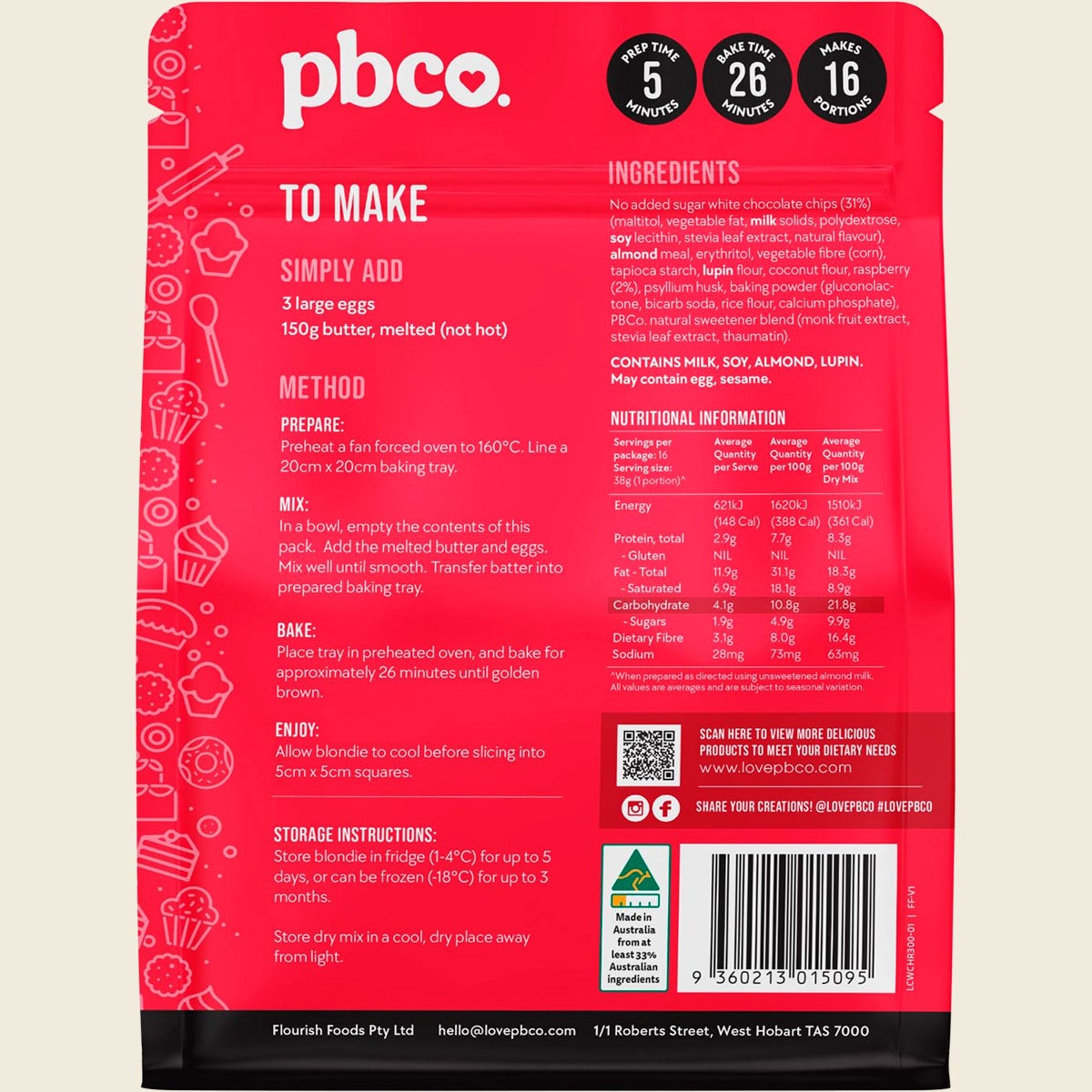 PBco Raspberry & White Choc Blondie Low Carb 300g