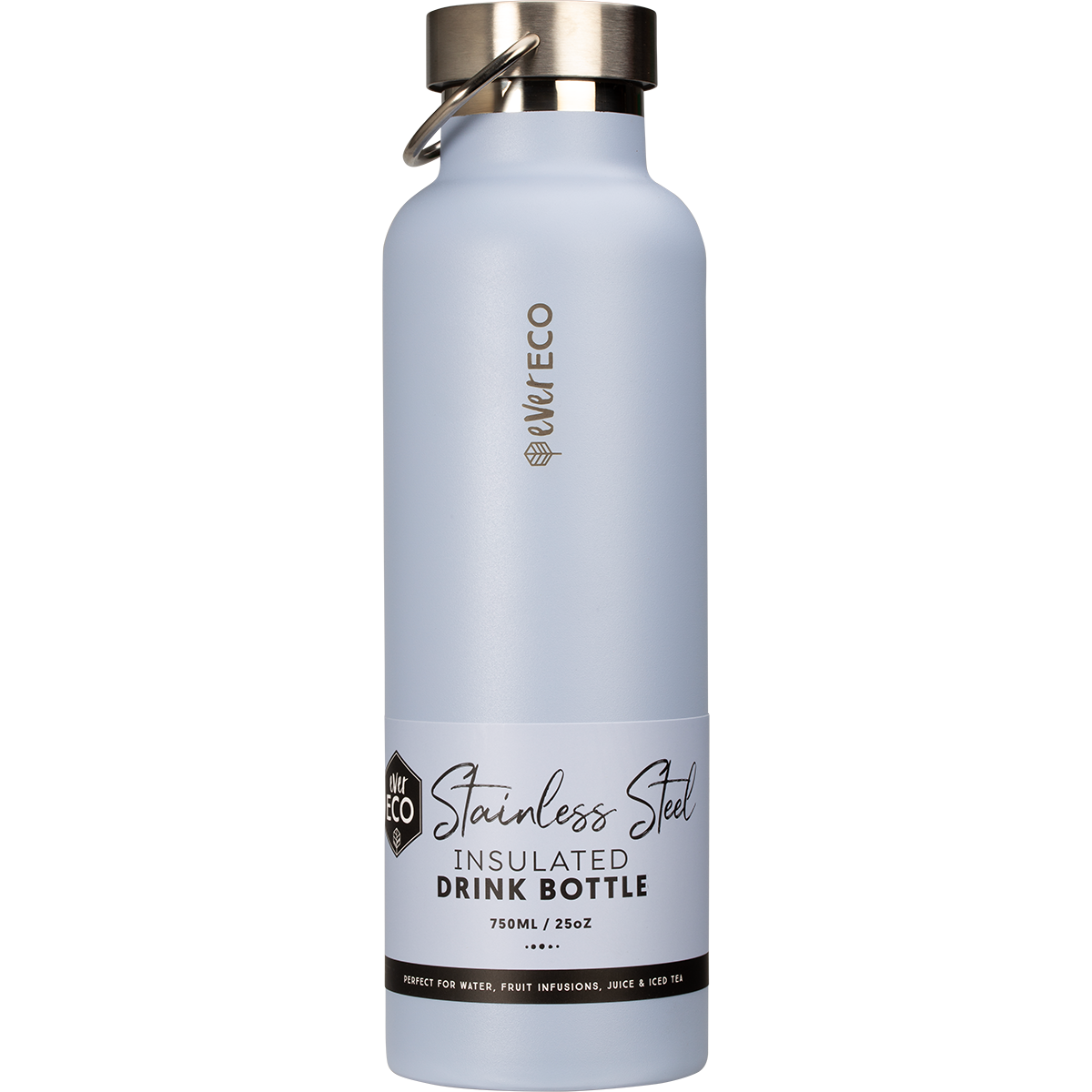 Ever Eco 750ml insulated stainless steel bottle in Cove blue with a matching powder-coated finish and carry handle lid.