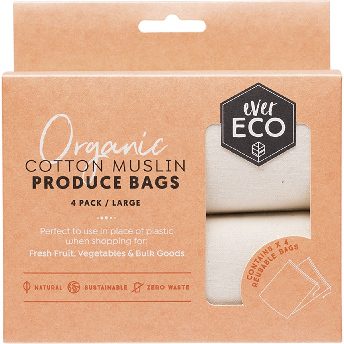 Ever Eco Reusable Produce Bags Organic Cotton Muslin 4 Pack