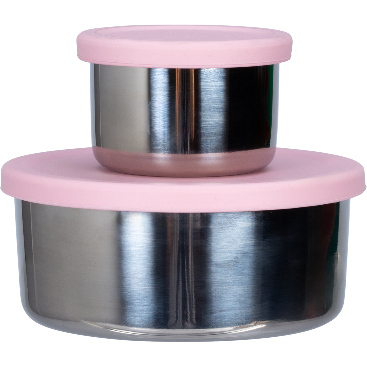 Two Ever Eco stainless steel snack pods with sorbet-colored silicone lids shown nested on a white background.