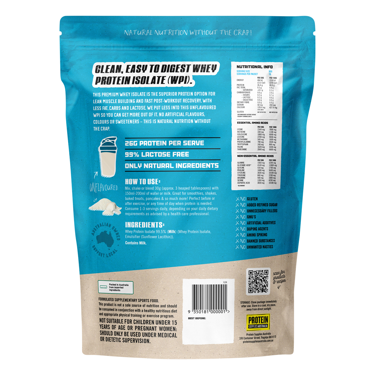Back of Protein Supplies Australia 500g WPI Unflavoured bag showing nutritional information and directions.