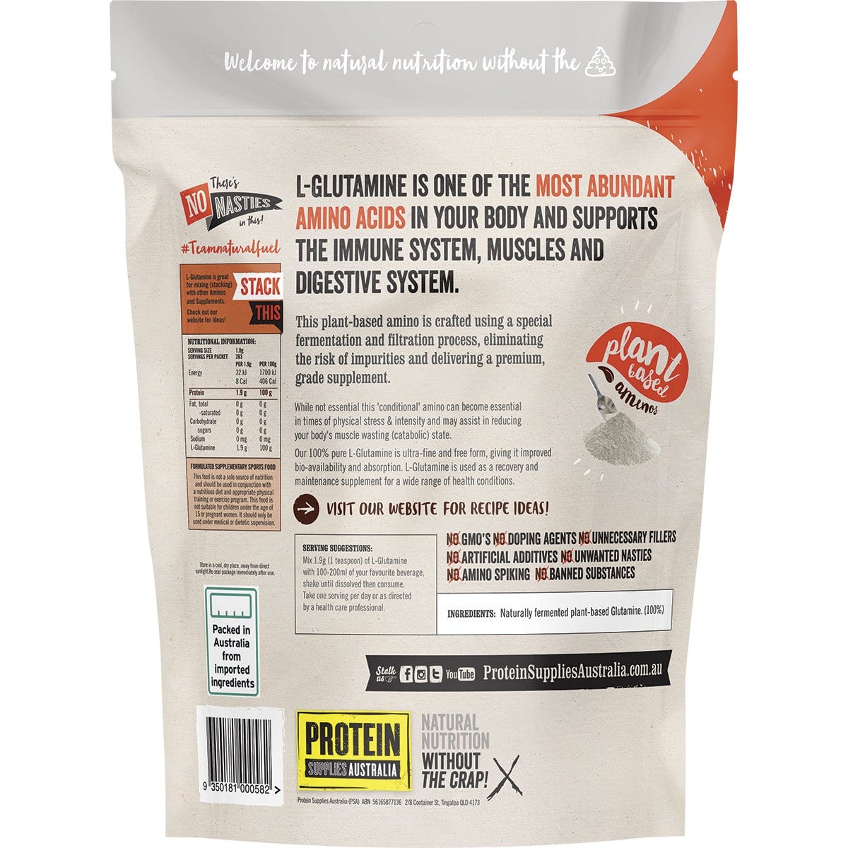 Protein Supplies Australia L-Glutamine Plant Based Pure 500g