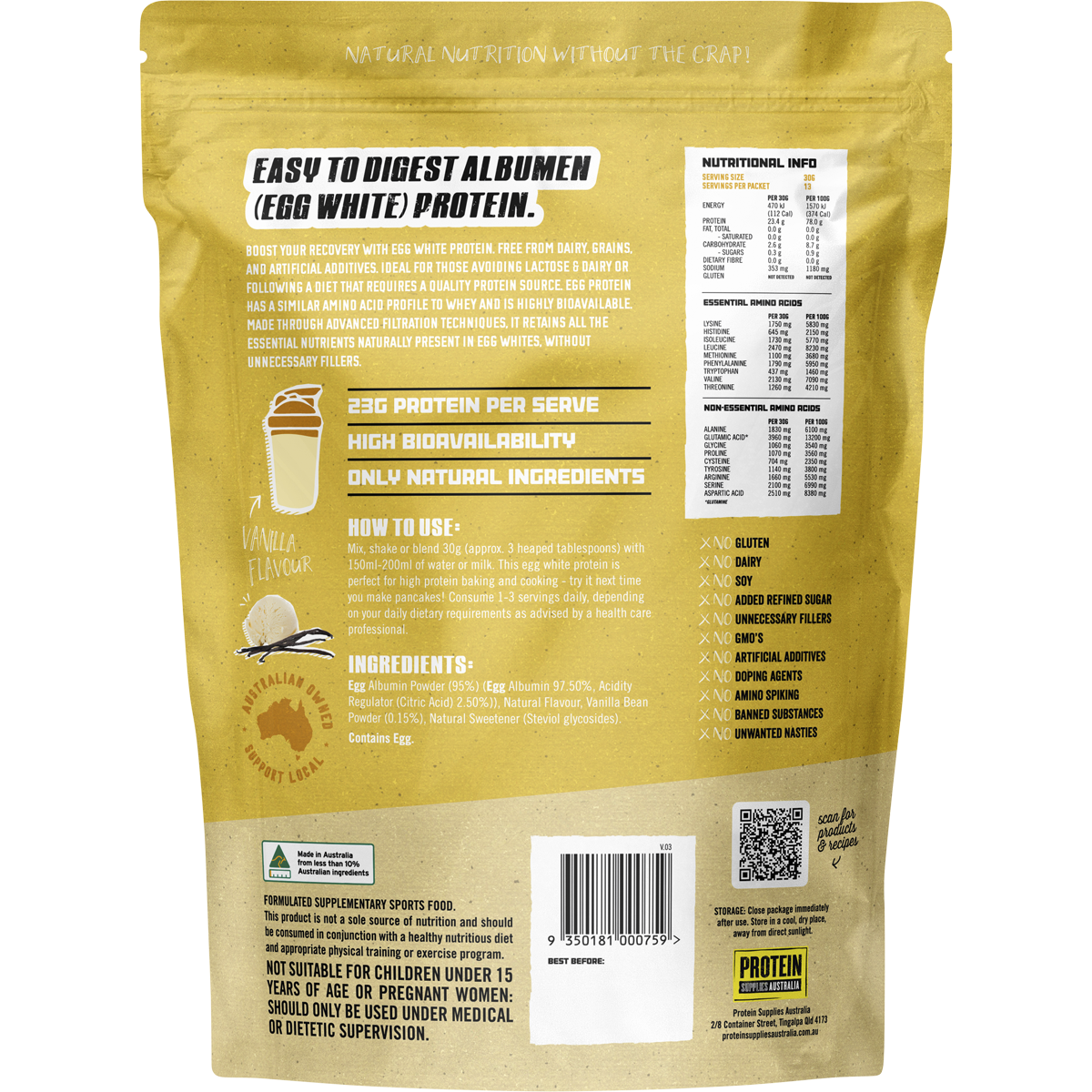 Back of Protein Supplies Australia Paleo Pro Vanilla 400g pouch showing nutrition facts and ingredients.