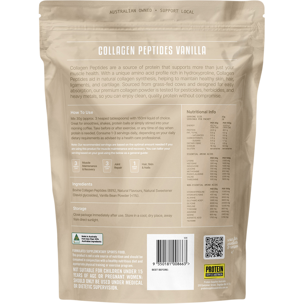 Rear view of Collagen Peptides Vanilla 500g tub with nutritional information, ingredients, and directions for use.