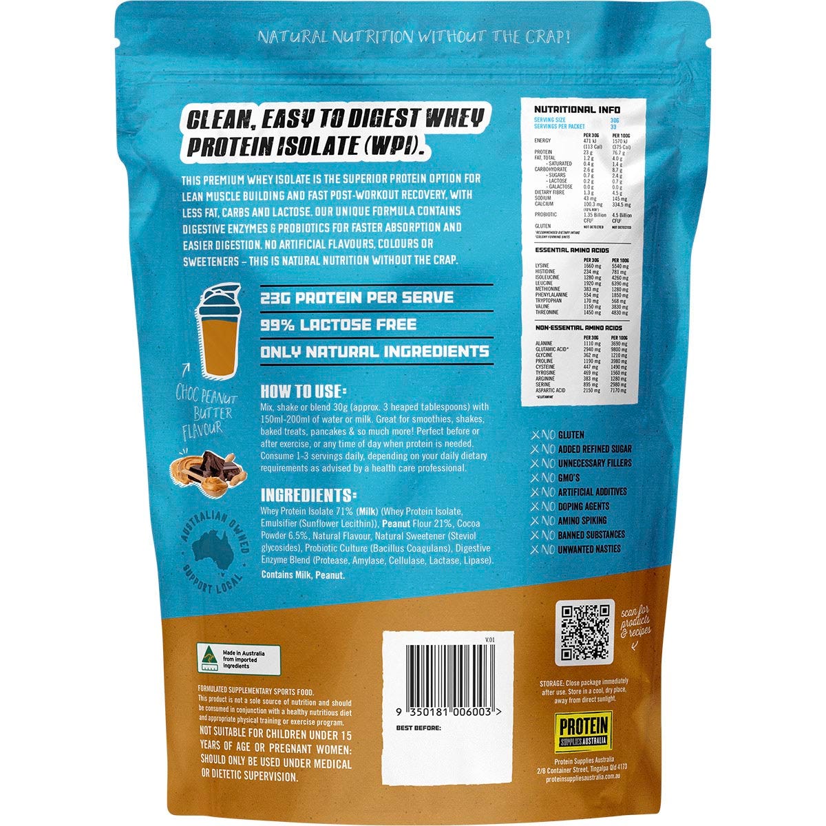 Protein Supplies Australia WPI Whey Protein Isolate Choc Peanut Butter 1kg