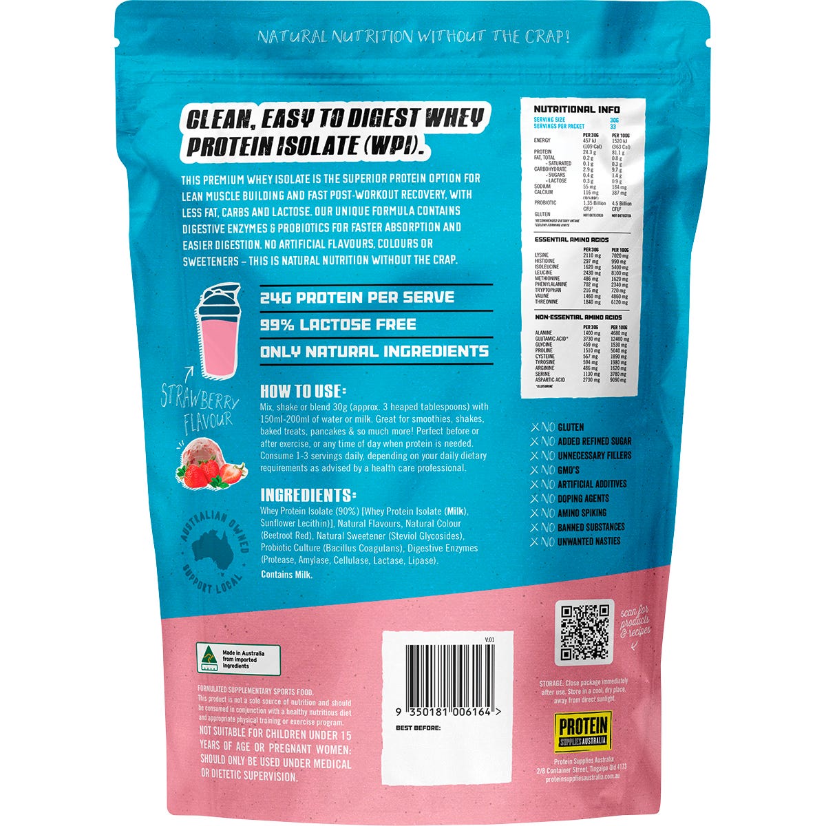 Protein Supplies Australia WPI Whey Protein Isolate Strawberry 1kg